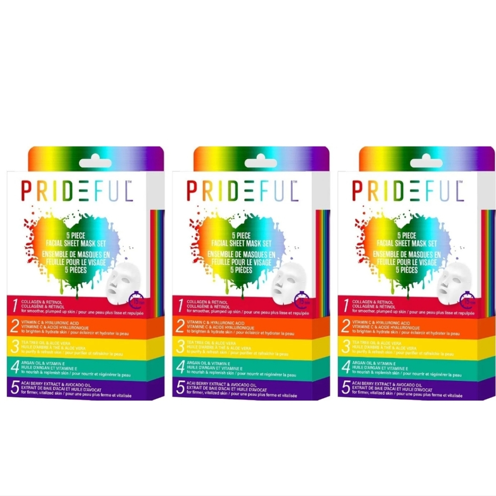 PRIDEFUL 5Pc Facial Sheet Mask Set of 3 + FREE BATH BOMBS